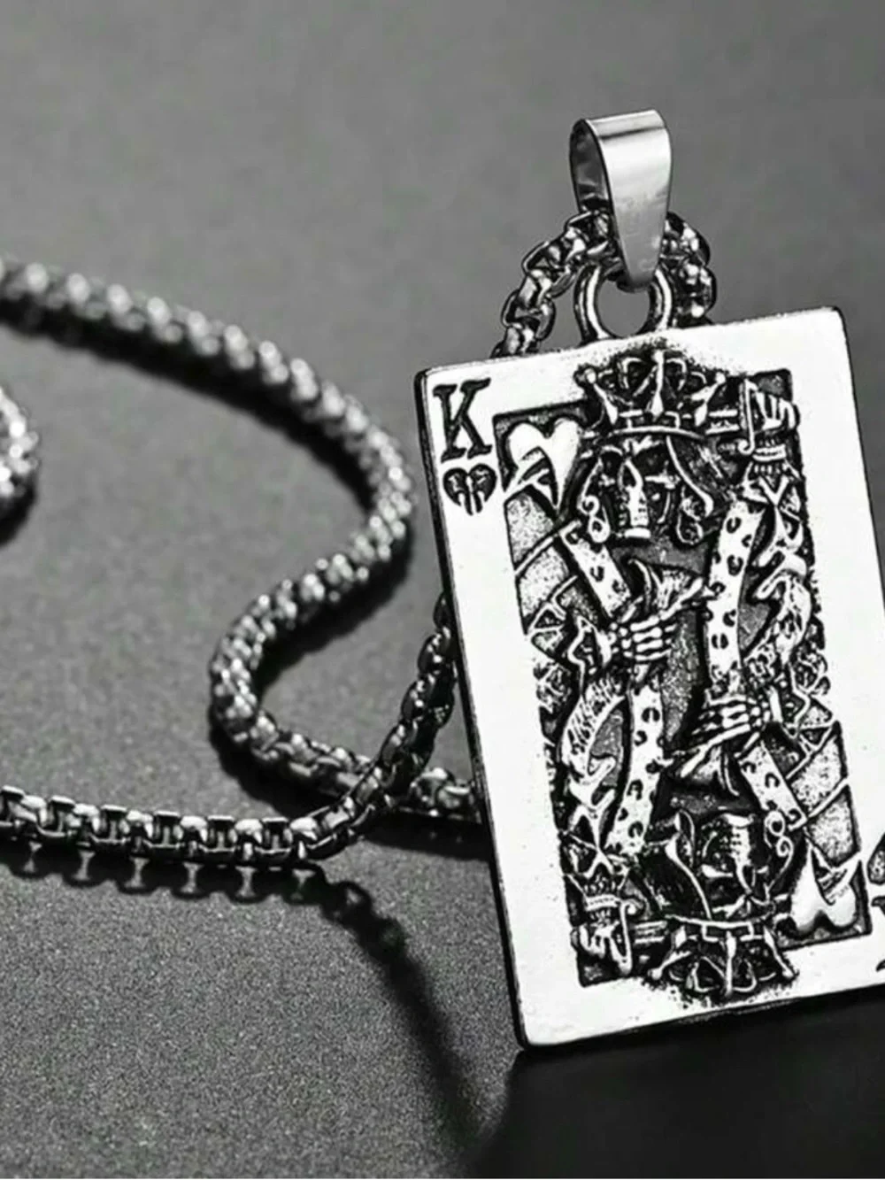 Men's Silver Skull King of Hearts Pendant Necklace - Card Design